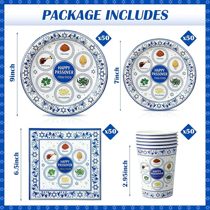 Jenaai 200 Pcs Passover Tableware Party Supplies for 50 Guests, Disposable 9"/ 7" Passover Paper Plates Cups and Napkins Paper Goods Set for Dinnerware Party Decorations