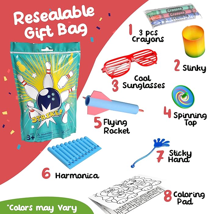 Crown Display Party Favors for Kids 10 Pre Filled Party Favor Bags - Bowling Fun Goodie Bags Stuffers for Kids with Fidget Toys and Small Toys Goody Bag Stuffers - Party Favors for Kids 4-8