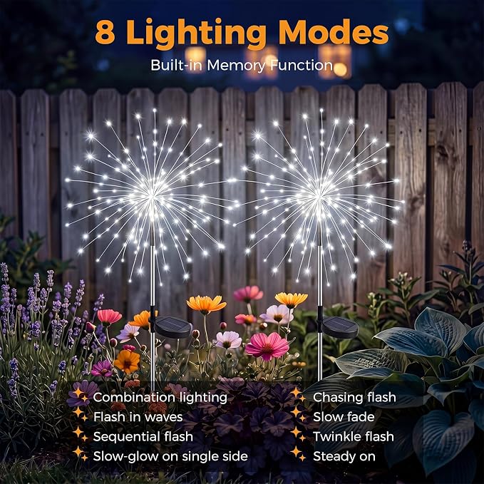 btfarm 2 Pack 120 LED Solar Garden Lights Outdoor, 8 Modes Firework Lights Solar Powered, Waterproof Twinkle Fairy Light Outside for Yard Patio Pathway Pool Christmas Party Decorative, Cool White