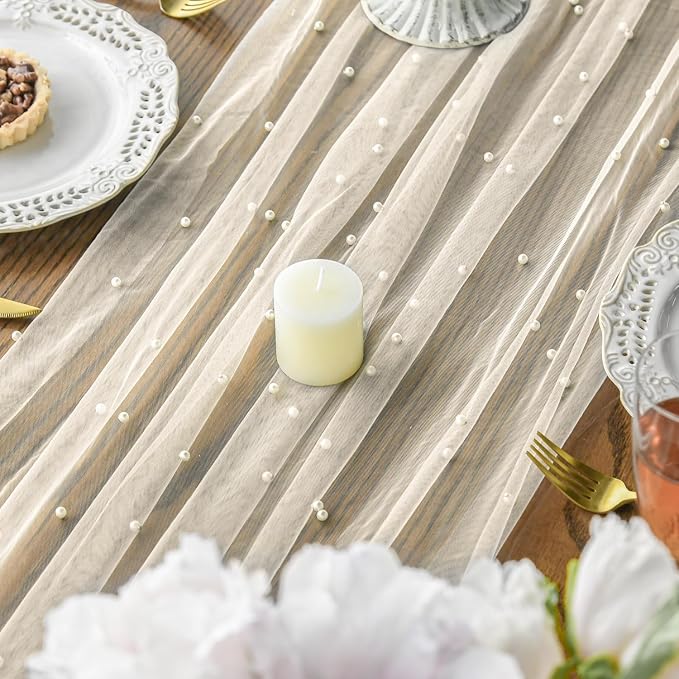 Artoid Mode 10PCS Pearl Beige Gauze Table Runner 120 Inch 10FT, Seasonal Sheer Dining Holiday Wedding Birthday Baby Shower Table Decor for Home Party