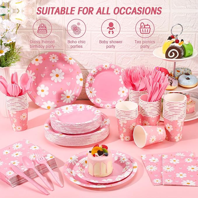 Ziliny 350 Pcs Daisy Party Supplies Tableware Set Disposable 9'' 7'' Paper Plates 9 oz Cups Cutlery Napkins Dinnerware Set for 1st Birthday, Serve 50 (Daisy Birthday, White, Pink)