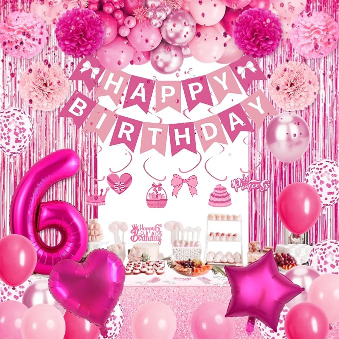 6th Birthday Decorations for Girls, Pink Party Decorations with Number 6 Balloon Happy Birthday Banner Bday Sash Crown Tablecloth Fringe Curtain Hanging Swirl for 6 Year Old Girl Bday Decor
