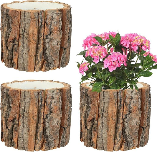 3 Pcs Wooden Vase for Centerpieces, 3.9 in Bark Vase Rustic Wooden Bark Flower Pots Country Style Stump Bucket Planter for Woodland Party Wedding Window Home Farmhouse Table Decor