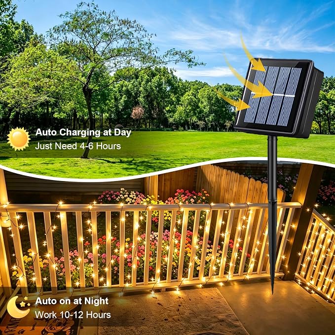 QITONG 2 Pack Warm White Solar String Lights Outdoor Waterproof, Each 33ft 100 LED Solar Christmas Lights, 8 Modes Green Wire Solar Twinkle Tree Lights for Outside