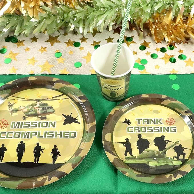 Recheel Army Birthday Party Supplies Decorations, Camo Theme Birthday Paper Plates and Napkins Set with Cups and Straws for 24 Guests, 120 Pcs Disposable Party Dessert Dinnerwares