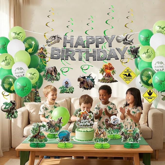 Dinosaur Birthday Decorations Dino World Party Decorations Tableware Set Include Dinosaur Balloons, Cake Topper, Hanging Swirls, Honeycomb, Banner Dino Party Supplies for Boys Kids Birthday Decor