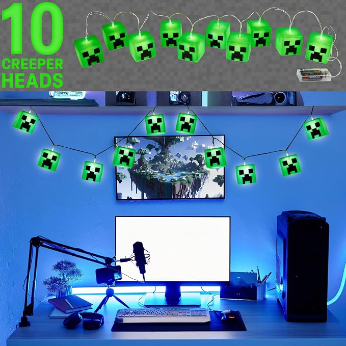 Minecraft String LED Lights for Bedroom Battery Operated Fairy Lights for Room Decor Wall Light Creeper Indoor Decoration Gamer Gifts for Kids