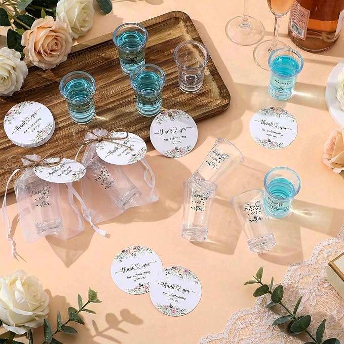 Reallnaive 30 Sets Bridal Shower Favors for Guests Happily Ever After Bride Acrylic Clear Shot Glasses with Thank You Tags and Organza Bag Wedding Party Favors Souvenir Gift for Bachelorette Bridal