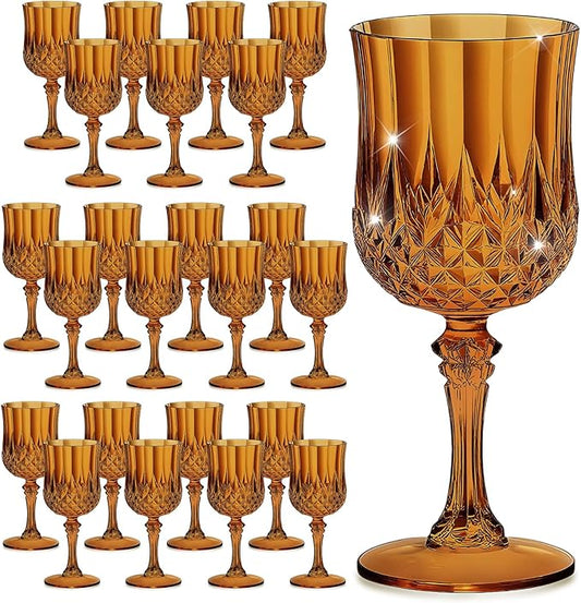 7OZ Plastic Wine Glasses, Reusable Vintage Goblets Unbreakable Drinking Glasses Crystal Water Cups Champagne for Wedding, Parties (24, Amber)