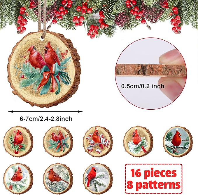 16 PCS Christmas Wood Ornaments Red Birds Hanging Wood Decor Holiday Wooden Slice Ornaments with Hemp Rope for Xmas Tree Centerpieces DIY Crafts Memorial Gifts