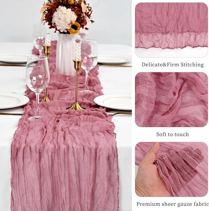 10 Pack Dusty Rose Table Runner 10Ft Cheesecloth Table Runner Boho Gauze Table Runners Romantic Long Sheer Fabric Cheese Cloth Table Runners for Wedding Party Bridal Shower(Dusty Rose)