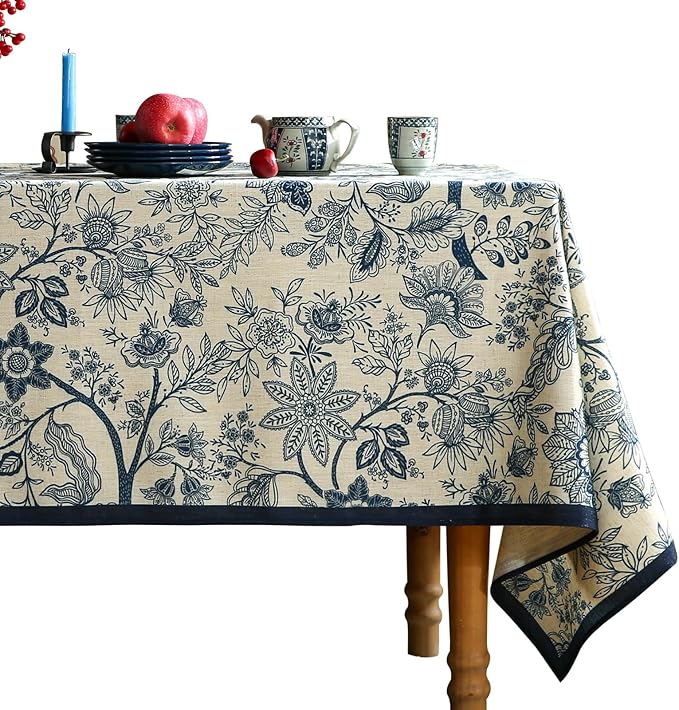 ISAENNE Designer Vintage Linen Square Tablecloth,67"x67"-Ruyi B | French Elegant Table Cloth for Square Table,Blue Floral Pattern,Durable,Heavyweight,Dining Room,Kitchen,Thanksgiving,Decor