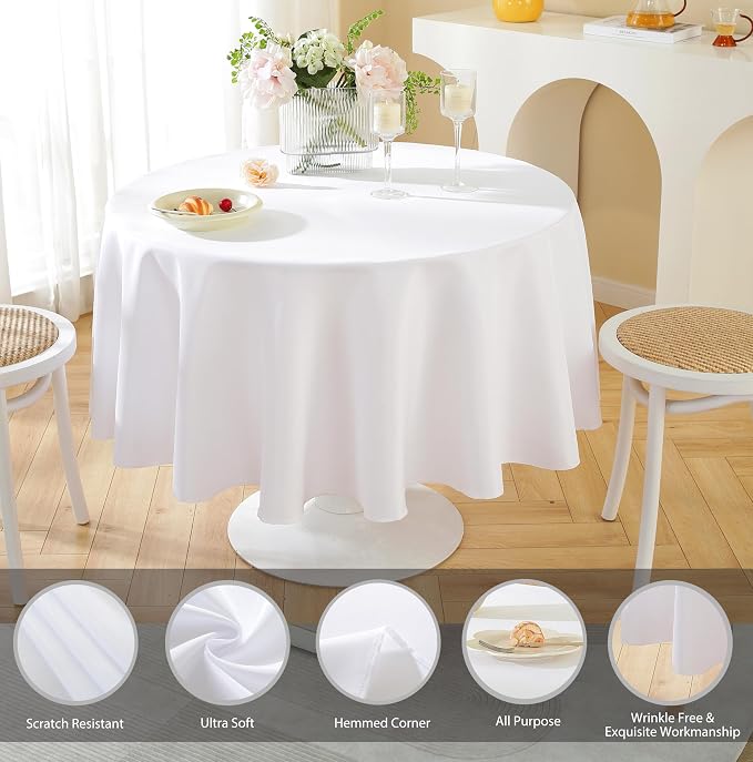 5 Pack Round Tablecloth 108 Inch White Tablecloth, Polyester Fabric Washable Table Cloth for Home, Party, Wedding or Restaurant Use.