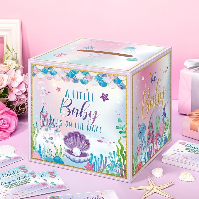 Teling 51 Pieces Diaper Raffle Tickets with Card Box Baby Shower Decorations Baby Shower Holder Box for Girl Boy Diaper Raffle Party(Mermaid)
