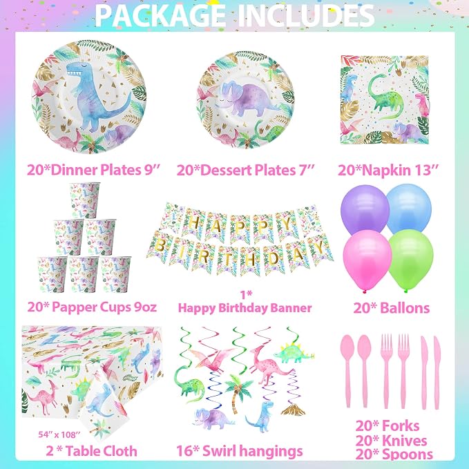 Watercolor Girl Dinosaur Party Supplies - Serves 20 - Pink Dino Birthday Party Decorations, Plates, Napkins, 2 Tablecloths, 16 Hanging Swirls, Balloons and Banner - Pastel Floral Girl Birthday