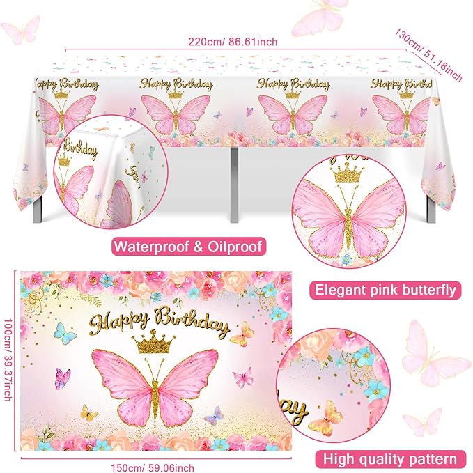 Pink Balloon Arch Kit with Foil Butterfly Balloons, Happy Birthday Backdrop & Tablecloth Decorations for Girl's Party - 106 Supplies