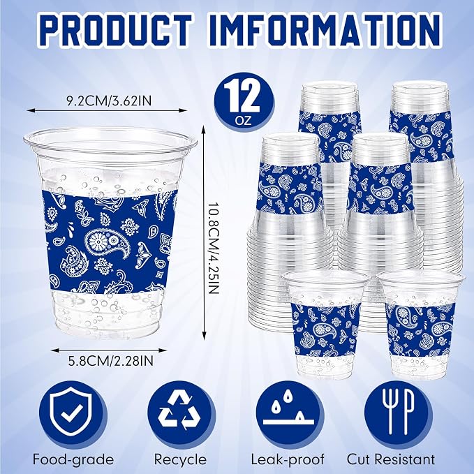 Funnymoom 60 Pack Cowboy Cup 12 oz Blue Bandana Disposable Clear Plastic Cups for Western Cowboy Birthday Party Decoration Supplies