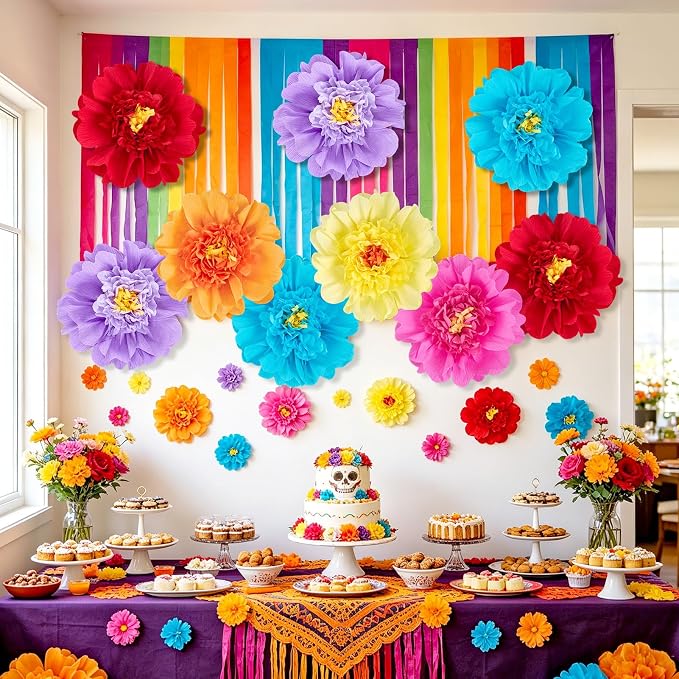 SUNBEAUTY Large Paper Flowers Giant Fiesta Tissue Paper Flowers Decorations for Wall 12 Inch Colorful Mexican Flowers for Summer Birthday Wedding Backdrop Bridal Shower Tropical Luau Carnival Party