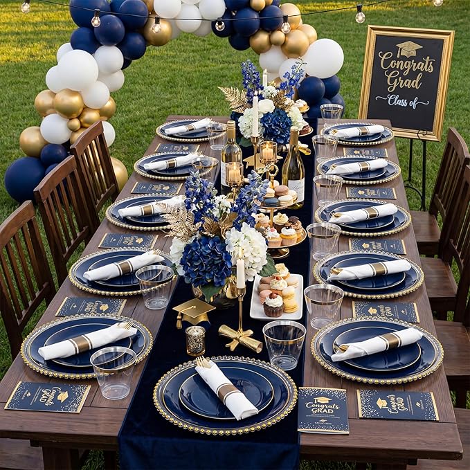 KIRE 175Pcs Blue Plastic Plates - Navy Blue Plates Disposable - 25 for Dinner 25 for Dessert 25 Pre Rolled Napkins with Gold Plastic Silverware and 25 Cups for Birthday/Wedding/Passover/Graduation
