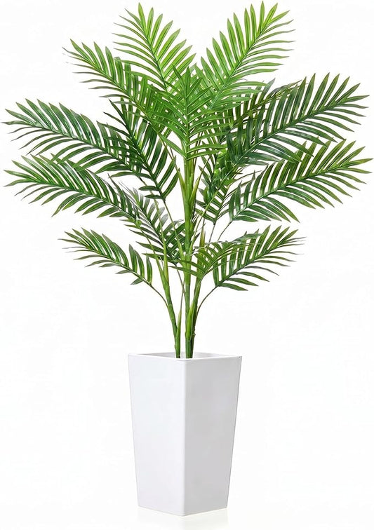 Garvee 4.2FT Artificial Palm Tree, Tall Faux Tropical Areca Plants with White Tall Planter, Fake Potted Tree with Lifelike Leaves for Indoor Living Room Bedroom Home Office Decor