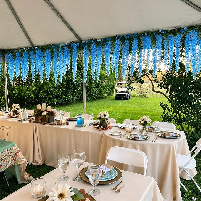 Artificial Wisteria Hanging Flowers Fake Wisteria Flower Garland Silk Vines Rattan Decor for Home Wedding Arch Wall Garden Greenery Bedroom Outdoor Office Party Decoration (24, Blue)