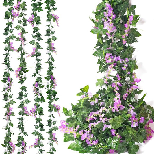 Mavee 28.8ft Artificial Wisteria Vine Garland (4x7.2ft), Silk Hanging Flowers Decor for Wedding Arch, Home Floral Arrangements - Purple