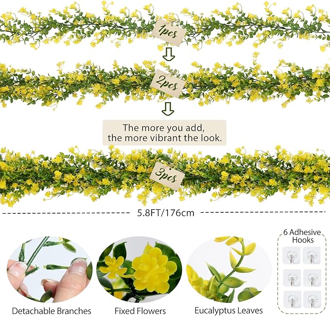 RECUTMS 3Pcs Hanging Garland Plants Artificial Eucalyptus Garland Fake Hanging Eucalyptus Leaf Garlands with Flowers Faux Vine Plants for Indoor Outdoor Spring Home Wall Arch Wedding Decor(Yellow)
