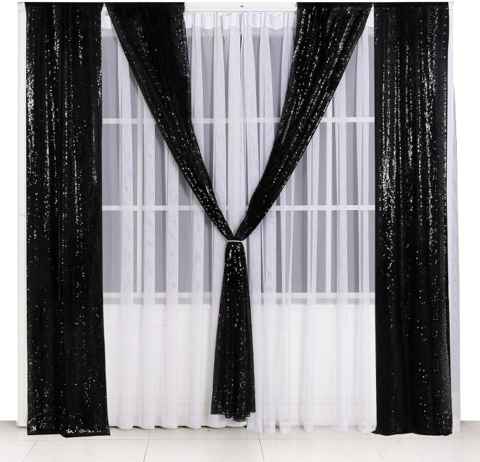 Poise3EHome Black Sequin Backdrop Curtain, 2 Panels 2Ft x 8Ft Glitter Photography Background for Party Baby Shower Wedding Birthday Christmas Thanksgiving Halloween Decoration