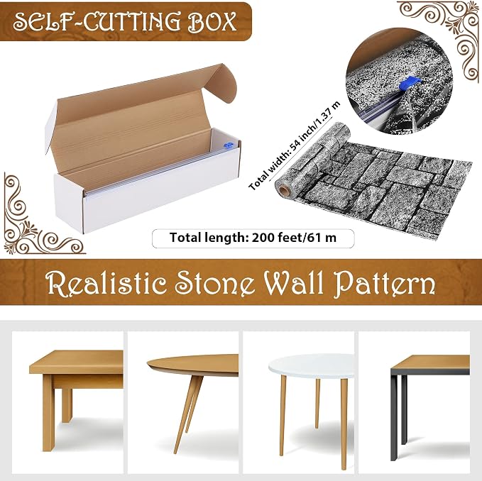 Kochorie 200 Ft X 54 Inch Stone Wall Tablecloth Roll with Cutter Box Disposable Plastic Stone Table Cover Medieval Stone Brick Table Cloth Dirt Floor Wall Backdrops for Farm Wedding Birthday Party