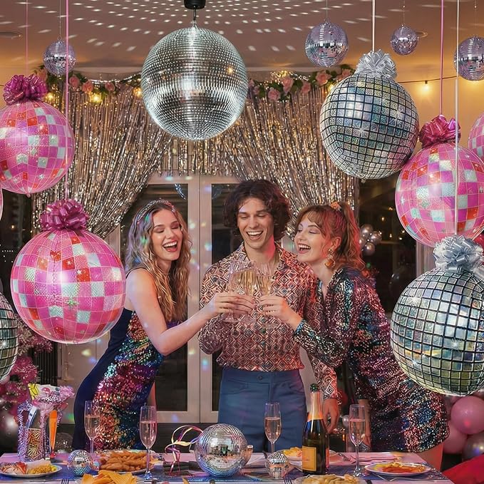 6 Pack 4D Disco Ball Ornament Balloons with 12 Pull Ribbon Gift Bows – Y2K Ceiling Hanging Balloon Set for Prom, Disco Party, Cowgirl Retro Party & Bachelorette Decorations