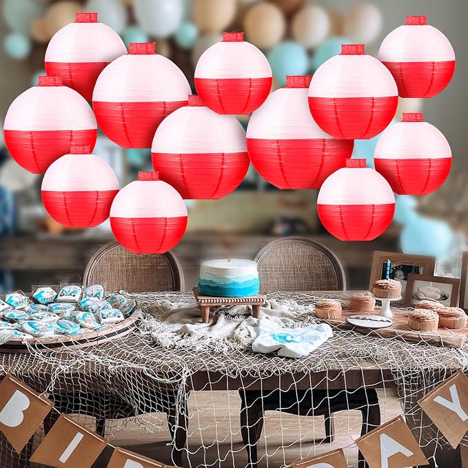 Fishing Bobber Paper Lanterns Round Decoration Lantern 12 PCS Red and White Hanging Paper Lanterns for Fishermen Theme Party Decoration Supplies Birthday Decor