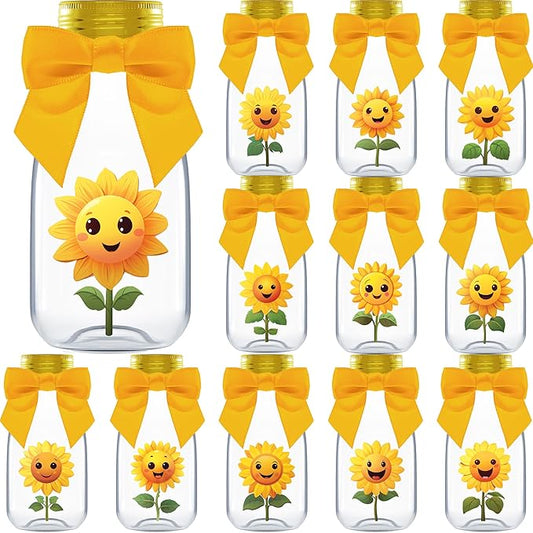 Ethisa Small 12 Pack Sunflower Party Favors - DIY Candy Jars with Ribbons and Stickers - Party Decoration Bottles for Birthday, School Classroom, Baby Shower, Bridal Shower, and Wedding - Sun Flower
