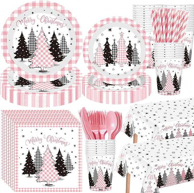 Funnymoom 452 Pcs Pink Christmas Party Decoration for 50, Buffalo Plaid Gingham Pink Xmas Tree Paper Plates Napkins Cups Tablecloth Cutlery Straws for Friendsmas Holiday Baby Shower Party Supplies