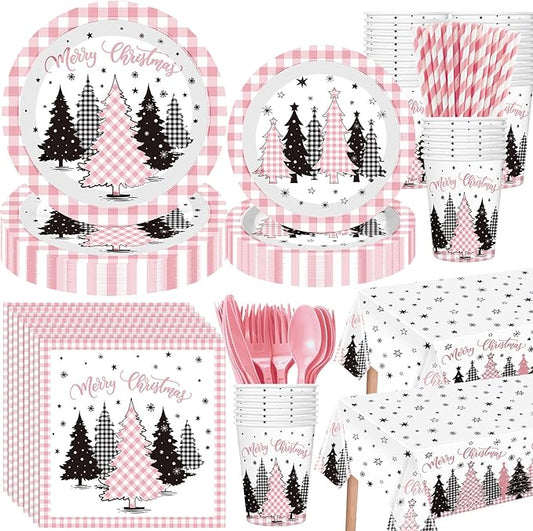 Funnymoom 452 Pcs Pink Christmas Party Decoration for 50, Buffalo Plaid Gingham Pink Xmas Tree Paper Plates Napkins Cups Tablecloth Cutlery Straws for Friendsmas Holiday Baby Shower Party Supplies