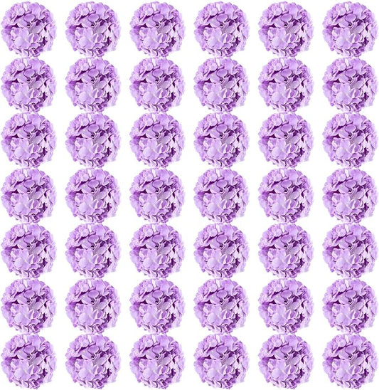 Auihiay 64pcs Hydrangea Artificial Flowers, Purple Artificial Hydrangea Flowers, Silk Hydrangea Heads with Stems for Garden, Home Party Baby Shower DIY Wedding Centerpiece (Purple)