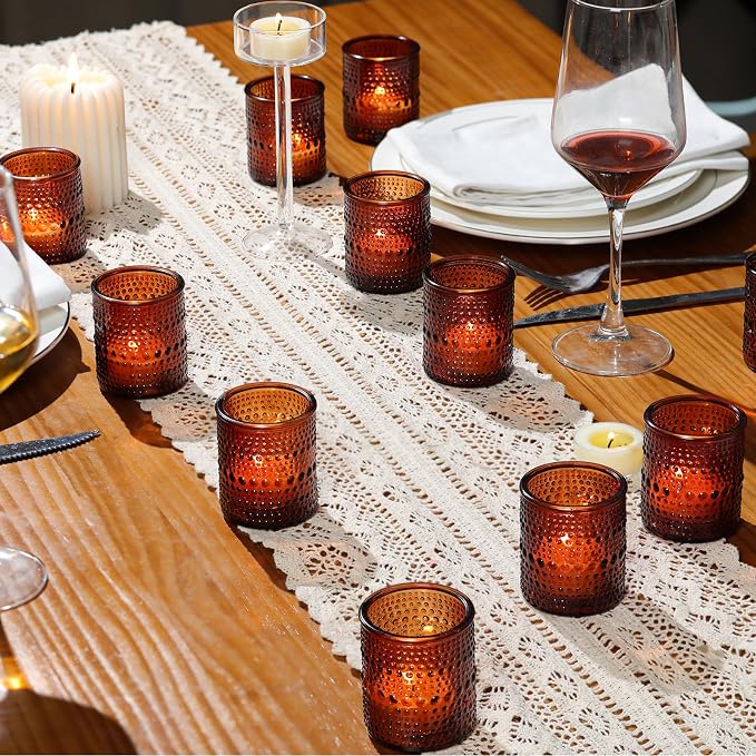 30 Pcs Amber Votive Candle Holders, Amber Glass Candle Holder with Polka Dot Embossed, Vintage Votive Candle Holders for Boho Weddings, Home Decor, Baby Shower, Special Occasions