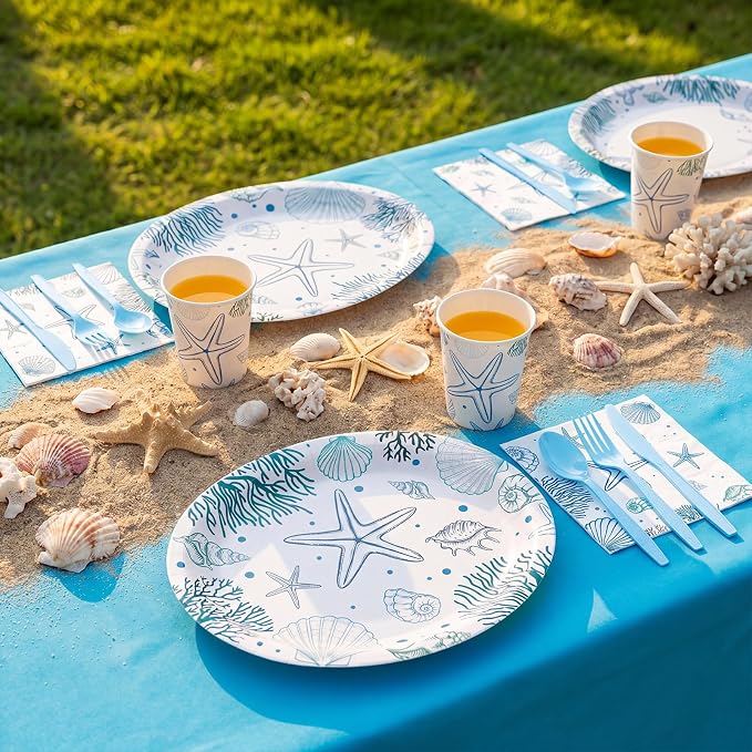 Pajean 350 Pcs Ocean Seashell Party Decorations 12 in Summer Disposable Oval Plates and Napkins Blue Coral Heavy Duty Tableware Set for 50 Guests Last Toast on The Coast Birthday Party Supplies
