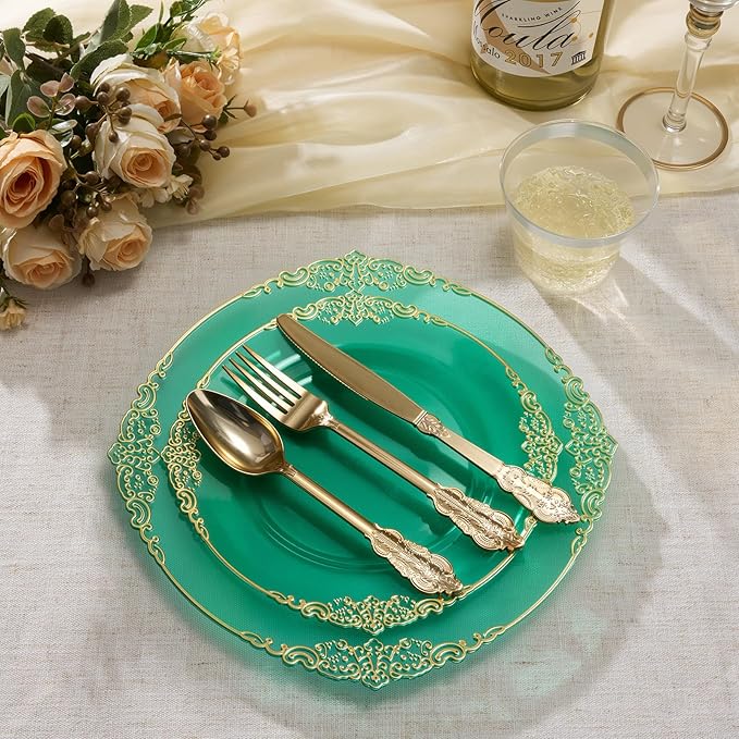 Goodluck 250 PCS Vintage Translucent Green & Gold Rim Plastic Plates with Cutlery Set - Serves 50 - Heavy Duty Elegant Disposable Dinnerware for St Patricks Day, Safari, Christmas