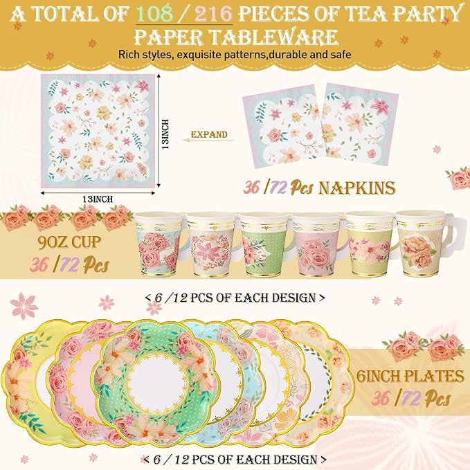 Yungyan 108 Pcs 36 Guests Tea Party Plates and Napkins Sets Floral Tea Party Supplies 6" Paper Plates, 9 oz Cups and Saucers Disposable Tableware Set for Birthday Wedding Bridal Shower Decorations