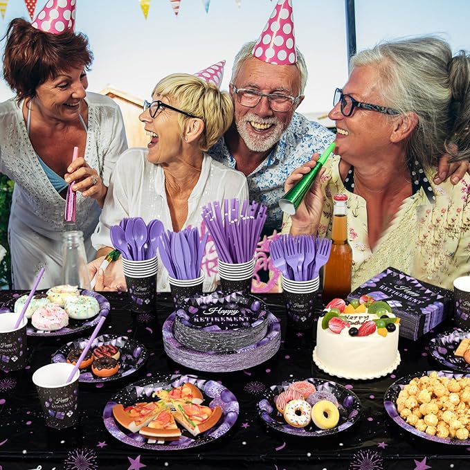Funnymoom 452 Pcs Retirement Party Decorations Supplies Set Include Purple and Black Retirement Paper Plates Napkins Cups Tablecloth Cutlery Straws for Men Women Say Goodbye Party