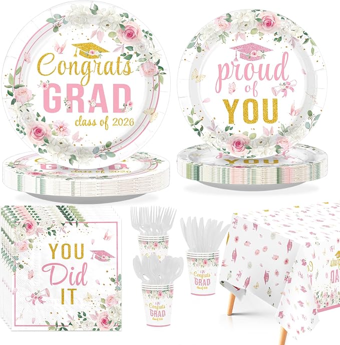 170 Pcs Graduation Party Decorations Class of 2026 Graduation Pink Floral Plates Napkins Cups Forks Knives Spoons Tablecloths for High School College 2026 Pink Grad decorations Serves 24