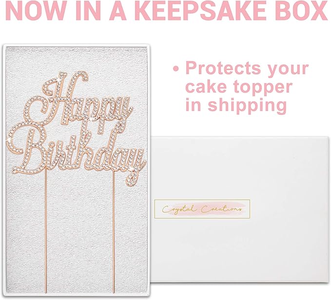 Happy Birthday Cake Topper - Premium Rose Gold Metal - Happy Birthday Party Sparkly Rhinestone Decoration Makes a Great Centerpiece - Now Protected in a Box
