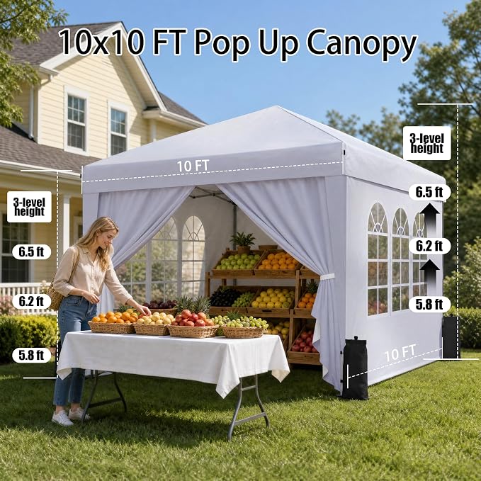 SANWAY 10x10 Pop Up Canopy with Sidewalls, Easy Setup Instant Canopy Tent, Portable with Carry Bag for Outdoor Events, Camping, and Backyard Parties – White