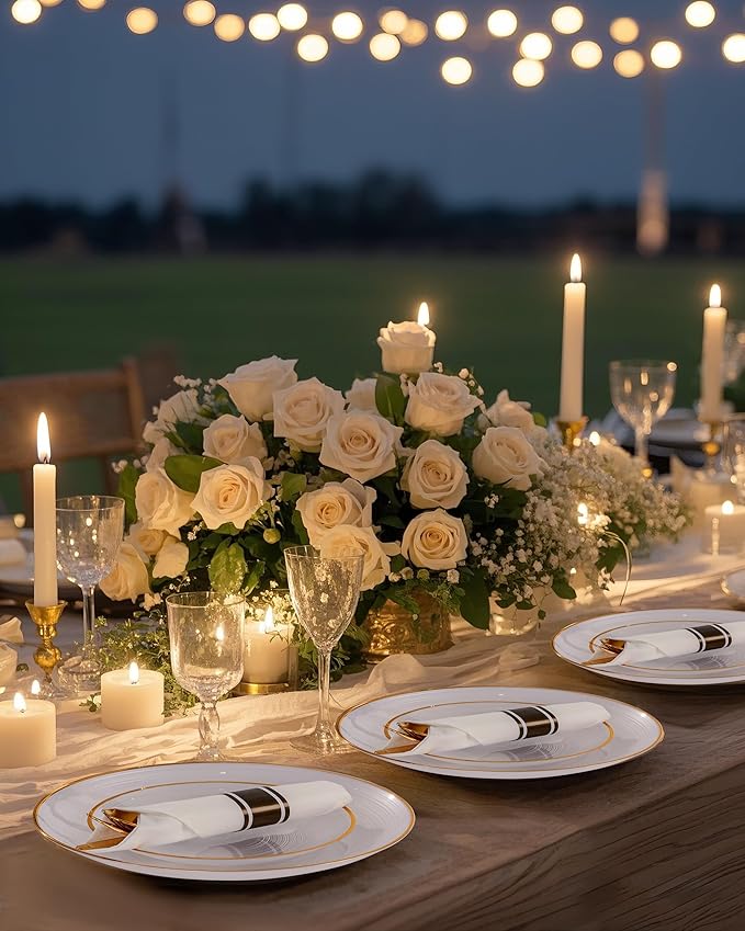 Morejoy 175PCS Pearl White and Gold Plastic Plates - Disposable Gold Party Plates & Pre Rolled Napkins with Cutlery for 25 Guests, 50Plates, 75Silverware, 25Cups, 25Napkin for Party & Mother's Day