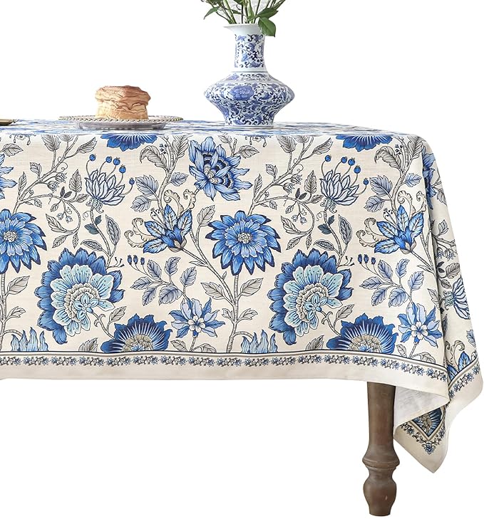 ISAENNE Designer French Linen Rectangular Tablecloth,110"x63"-Blanch | Chinoiserie Vintage Elegant Table Cloth Rectangle Table,Blue Floral Pattern,Beautiful,Dining Room,Kitchen,Thanksgiving