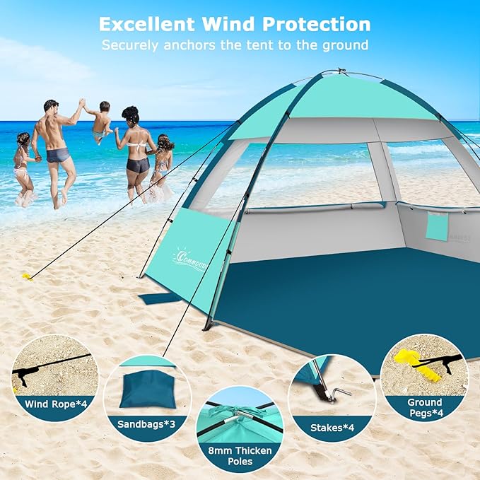 COMMOUDS Beach Tent Sun Shelter for 3/4/6/8 Person, UPF 50+ UV Protection Beach Shade Canopy Tent, Lightweight, Easy Set Up and Carry