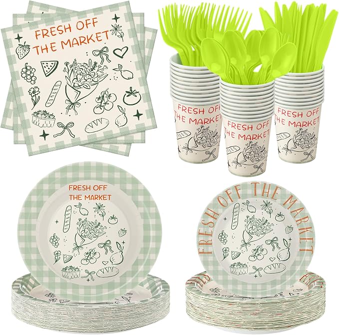FoldTier 350 Pcs Fresh off the Market Bridal Shower Party Tableware - Paper Plate, Napkin, Cup, Cutlery, Disposable Fresh off the Market Party Decorations for Family and Friends, 50 Guests