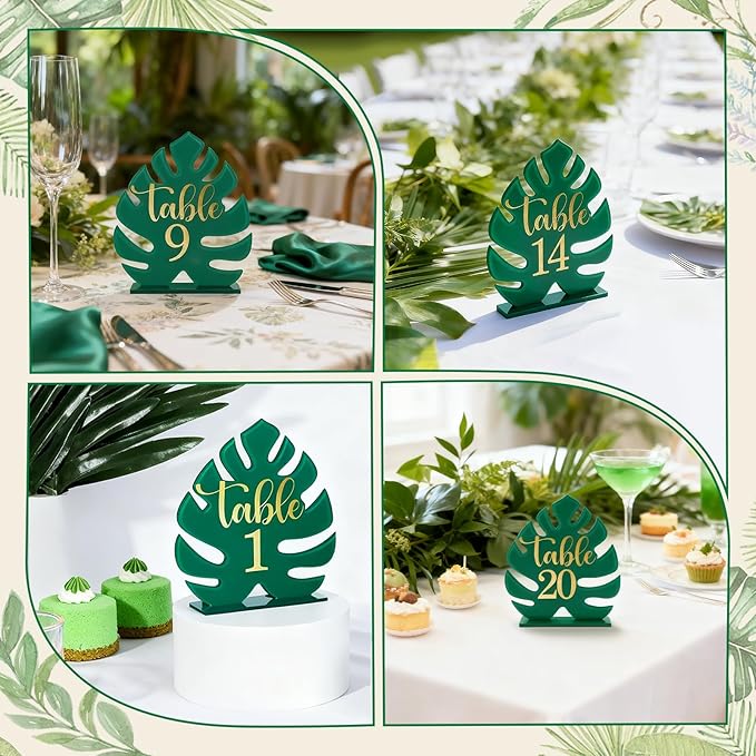 Palm Leaf Theme Wedding Acrylic Table Number 1-20 with 20Pcs Stands, 5"x7" Table Centerpiece Decor for Indoor Outdoor Tropical Safari Jungle Hawaiian Wedding Bridal Shower Anniversary