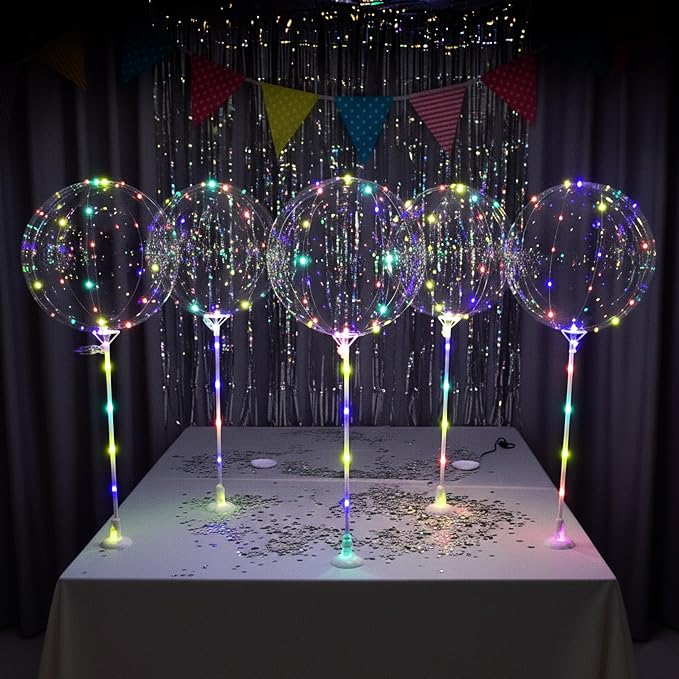 Lightsfever Rainbow colors LED light up balloons, 6pc LED Light up Balloon with sticks, stands and batterys, centerpieces for party no helium required DIY Kit (multi color)