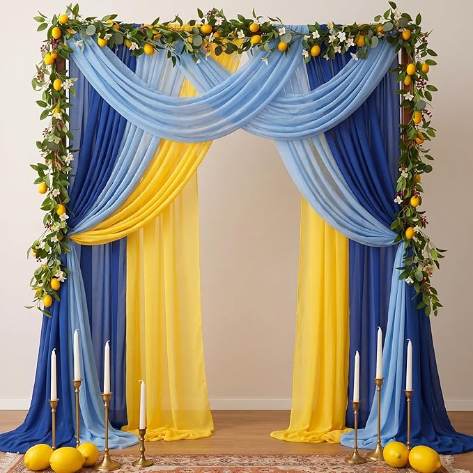 Boao 6 Pcs Amalfi Coast Blue Yellow Lemon Party Decorations Table Runner Cloth 10Ft Boho Sheer Rustic Fabric for Wedding Birthday Party Baby Bridal Shower Graduation Dawn Sunset Decor